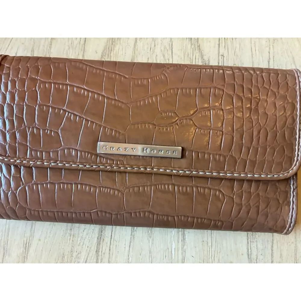 VTG Crazy Horse Alligator Trifold Wallet Faux Leather Croc Textures Checkbook